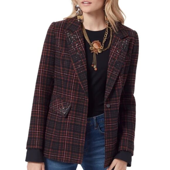 *NWT* Sam Edelman Margot Embellished Fall Chic Plaid Blazer Jacket Black - Picture 1 of 13